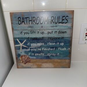 Rustic Bathroom Rules Sign with Seashell Design